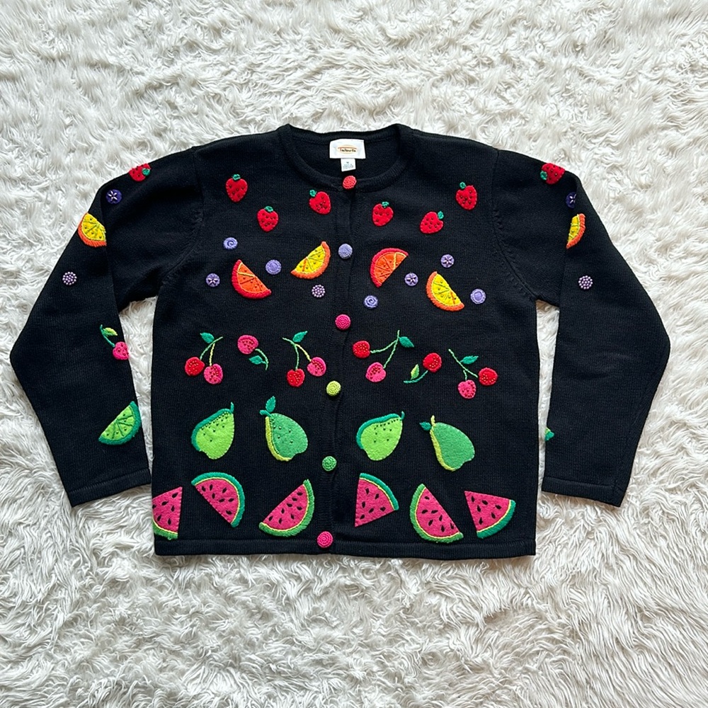 Vintage Talbots embellished beaded black fruit cardigan sweater Medium